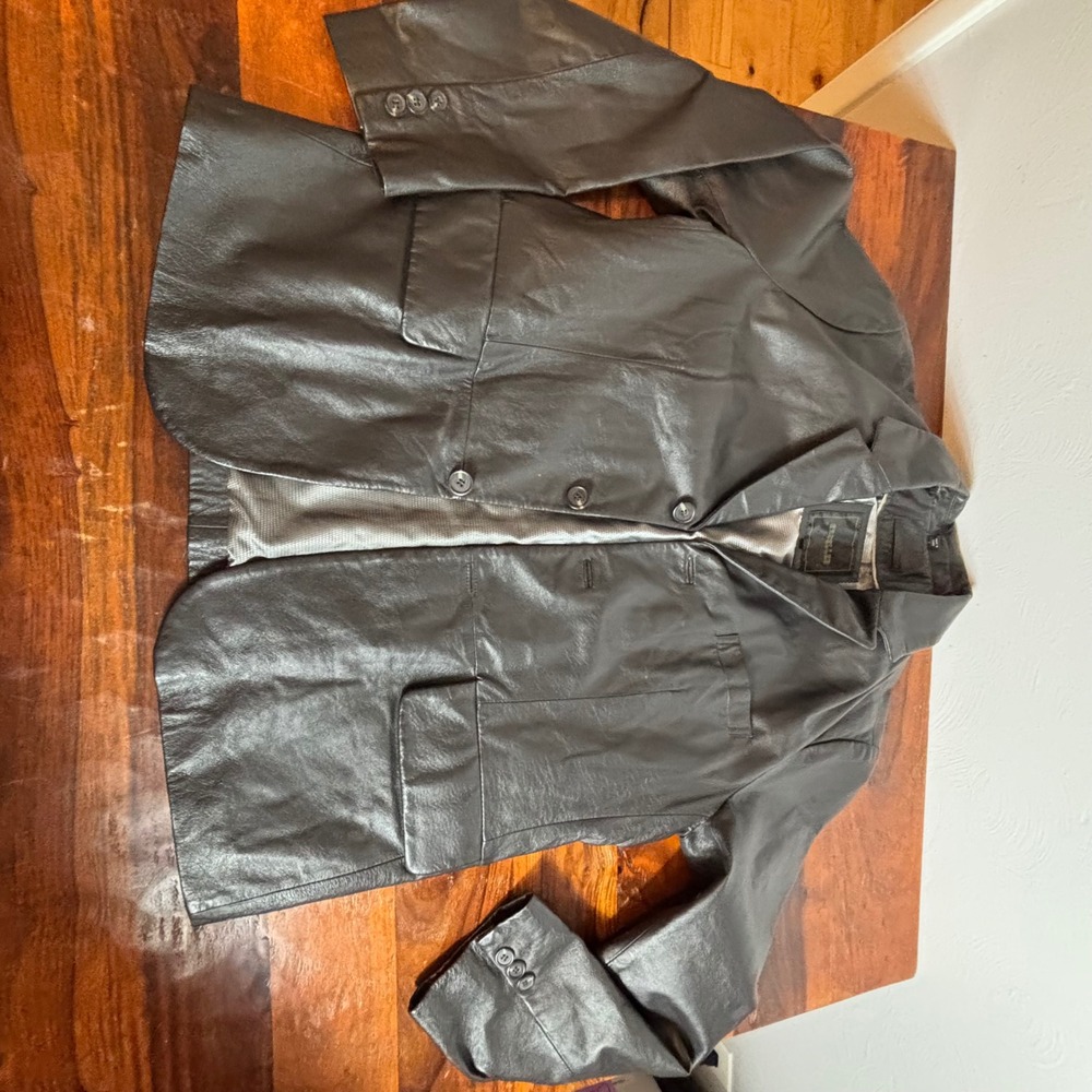 Vintage Excelled Mens Black Leather Blazer Jacket 3 Button Size L RN 20349‎